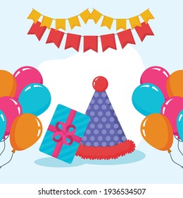 birthday gift hat and balloons