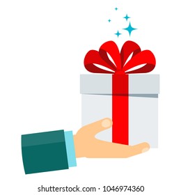 Birthday gift in human hands. Flat vector cartoon illustration. Objects isolated on white background.