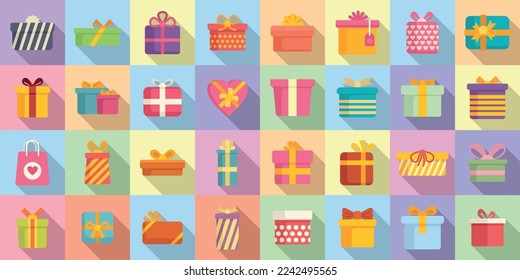 Birthday gift icons set flat vector. Present box. Card bow