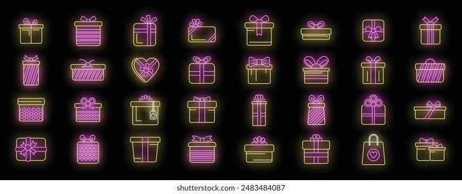 Birthday gift icons set outline vector. Present box. Card bow neon color on black