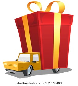 Birthday Gift On Delivery Truck/ Illustration of a cartoon car carrying and delivering red Christmas or birthday present on trailer