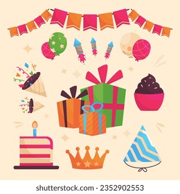 birthday gift party celebration cartoon set