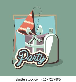 birthday gift and party hat soda bottle retro