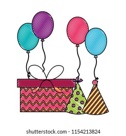 birthday gift and party hats balloons drawing