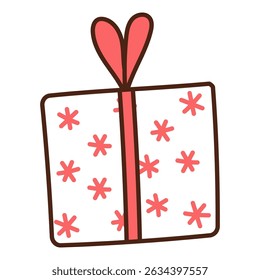 Birthday gift, present in box, wrapping paper with stars pattern, bow hand drawn illustration, isolated vector. Line drawing design. Birthday celebration, festival, carnival, party clip art, element