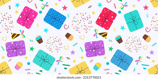 Regalo de cumpleaños, diseño vectorial sin fisuras. Regalos de cumpleaños caja de interminables decoración de eventos de patrón y fondo de papel pintado. Diseño de tarjeta de invitación de ilustración vectorial.