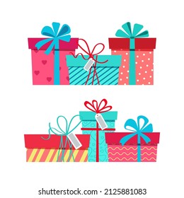 Birthday gift set. Different gift boxes with ribbons and bows. Vector illustration in flat style