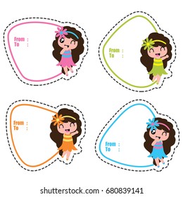 Birthday gift tags with cute hawaiian girls on colorful frames vector cartoon for kid birthday tag and label