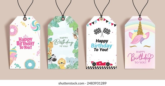 Birthday gift tags vector set design. Happy birthday greeting text in gift party tag collection with donut, jungle, cars and unicorn theme template. Vector illustration invitation card design. 
