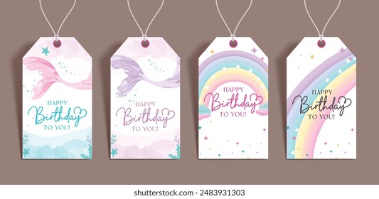 Geburtstag Geschenkanhänger Vektorgrafik Set Design. Happy Birthday Grußtext mit Meerjungfrau, Regenbogen, Fantasy und magischen Thema Geschenk Tags hängende Kollektion. Vektorillustration Einladungskarte Vorlage. 
