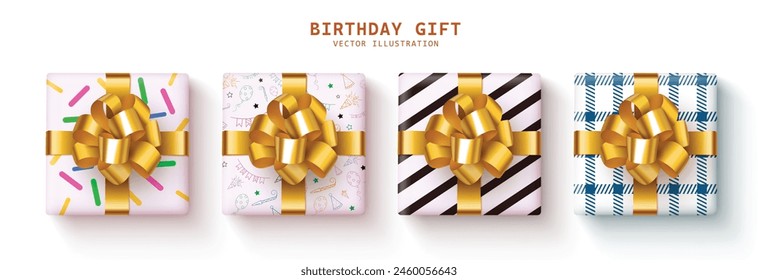 Diseño de conjunto de Vector de regalo de cumpleaños. Cajas de regalo Elementos de cumpleaños colección con rayas, patrón y Elementos de decoración de cinta de oro en fondo aislado blanco. regalo de cumpleaños de Ilustración vectorial