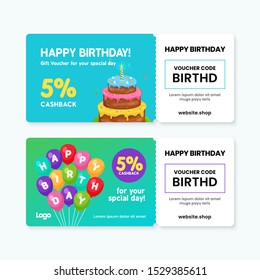 Birthday Gift Voucher Card Template Design. 5% Cashback Coupon Code Promotion With Birthday Cake Artwork And Balloons Background Vector Illustration.