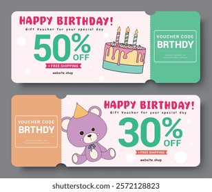 Birthday gift voucher clipart card set design. Happy birthday special offer coupon certificate discount with code and bday elements clip art. Vector illustration birthday gift tags banner design.