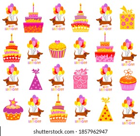 Birthday gifts, cake, balloons, cupcake and party hats. Children's seamless pattern with Dachshund dogs on white background in cartoon style. Cute texture for kids room design, Wallpaper, textiles