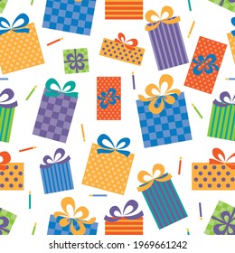 Geburtstagsgeschenke und Kerzen, Vektorwiederholmuster