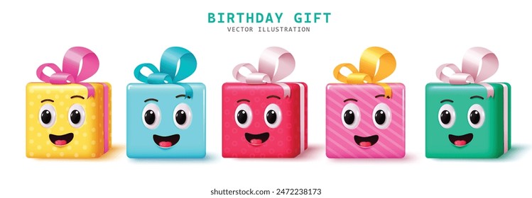 Regalos de cumpleaños personajes de Vector conjunto de diseño. Elementos de carácter de la caja de regalo de cumpleaños con la cara sonriente colección gráfica aislada en fondo blanco. Ilustración vectorial regalos de cumpleaños Elementos. 
