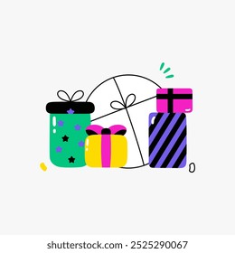 Birthday gifts in flat vector illustration symbolizing celebration, surprises, and joy, isolated on white background