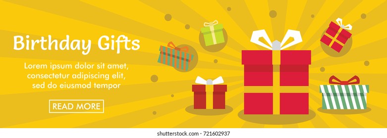 Birthday gifts horizontal banner. Birthday gifts vector illustration in flat style for web