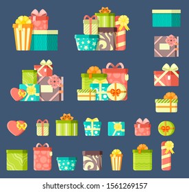 Birthday gifts with ribbons flat vector illustrations set. Wrapped present boxes. Holiday stickers. New year, christmas packages. Festive isolated cliparts color pack on blue background