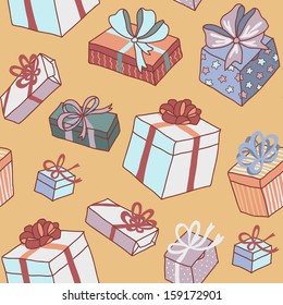 Birthday gifts seamless pattern on yellow background