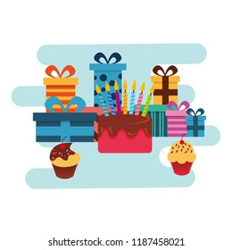 birthday gifts and sweet cake and cupcakes