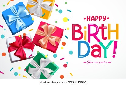 Birthday gifts vector background design. Happy birthday text with colorful gift boxes and sprinkles floating in white space for birth day greeting card decoration. Vector illustration.
