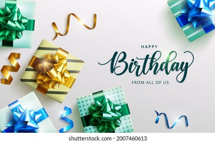 Birthday gifts vector design. Happy birthday greeting text with gift boxes and ribbon lasso party elements for birth day surprise celebration card decoration. Vector illustration
