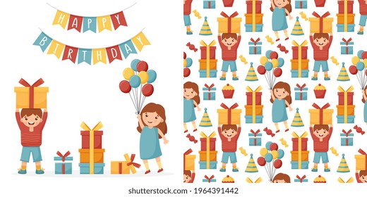 Birthday giftxes garlands flat vector seamless pattern. Hand drawn background for a party holiday for children festival 