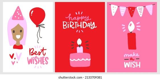 Birthday girl card set. Vector graphic and greeting phrases in red and pink colors.