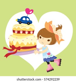 Birthday girl carrying cake on rollerblade. Cute vector illustration for card, scrapbook, journal.