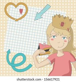 Birthday girl and checkered sheet of copy-book