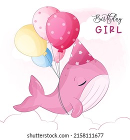 Birthday Girl, cute little whale Illustration