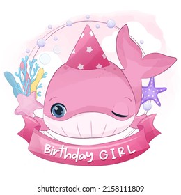 Birthday Girl, cute little whale Illustration