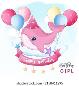 Birthday Girl, cute little whale Illustration