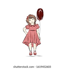 Birthday girl dressed in dress with polka-dots patter holding dark red balloon. Design for happy birthday greeting card. 