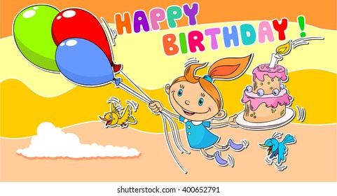 Birthday girl, flies on balloons, in a hand holding a cake, on cake candle, flying birds