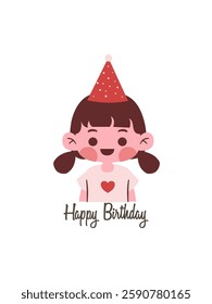 Birthday girl. Happy girl celebrating b-day, smiling. Excited festive female character, holiday party celebration. Flat vector illustration isolated on white background