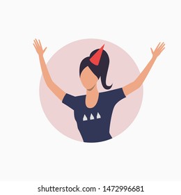 Birthday girl having fun. Woman wearing festive hat enjoying New Year party. Holiday concept. Vector illustration can be used for topics like Christmas, celebration, fun