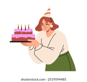 Niña de cumpleaños sosteniendo pastel con velas. Mujer feliz que celebra el día B, sonriendo. Personaje femenino festivo emocionado, celebración de fiesta de fiesta. Ilustración vectorial plana aislada sobre fondo blanco