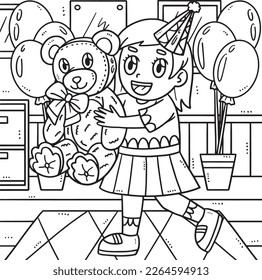 Birthday Girl Holding Teddy Bear Coloring Page