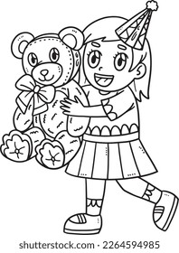 Birthday Girl Holding Teddy Bear Isolated Coloring