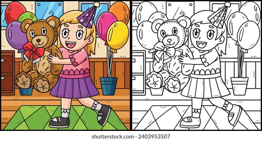 Birthday Girl Holding Teddy Bear Illustration