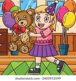 Birthday Girl Holding Teddy Bear Colored Cartoon 