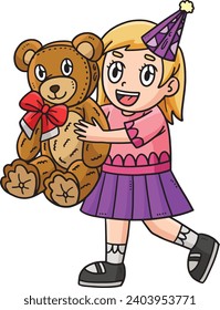 Birthday Girl Holding Teddy Bear Cartoon Clipart 