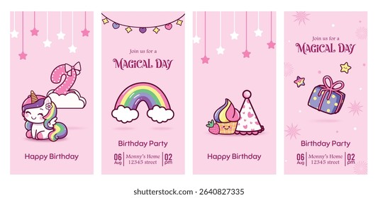 Birthday girl invitation card clipart poster set. 2nd birthday invitation card clip art with magical unicorn party theme in pink background template collection vector illustration.
