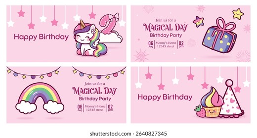 Birthday girl invitation card clipart banner set. 2nd birthday invitation card clip art with magical unicorn party theme in pink background banner template collection vector illustration.
