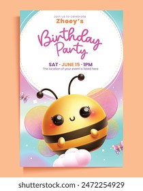 Birthday girl invitation card template design. Birthday party invitation template with cute bee character elements for kids surprise celebration poster card background. Vector illustration birthday