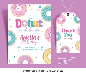 Birthday girl invitation card vector template design. Donut birthday invitation and thank you card template for girl party gift tags background. Vector illustration greeting design. 
