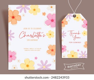 Birthday girl invitation card vector template. Flowers invitation and thank you card set for girl birthday party gift tag template design. Vector illustration flower lay out collection. 
