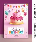 Birthday girl invitation vector poster template. Happy birthday greeting with cake dessert, balloons and streamers decoration elements for girl invitation card design. Vector illustration birthday 